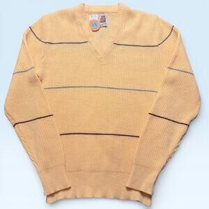 Vintage Kennington Sweater Mens Medium Beige Striped Waffle Knit V Neck Pullover